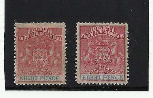 BSAC RHODEISIA-1892 RECESS PRINTING 8PENCE-BOTH SHADES-C/V R400-FINE MM