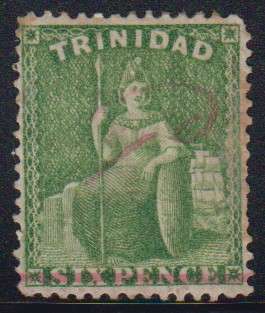 TRINIDAD - BRITANNIA 6D DEEP YELLOW GREEN M/M SINGLE, CV:R3000 - AVERAGE STAMPS!!!!!