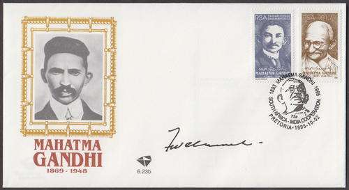 RSA - MAHATMA GANDHI COMMEMORATION, FDC 6.23b - SIGNED BY F.W. DE KLERK!!!!!