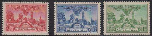 AUSTRALIA - 1936 CENTENARY OF SOUTH AUSTRALIA, FINE U/M SET OF 3 SINGLES TO 1 SHILLING - CV:R800!!!!