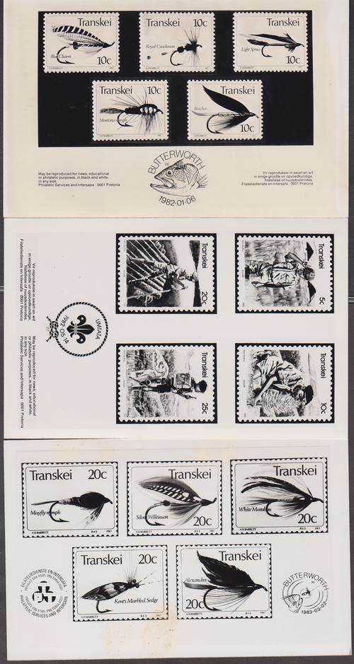 TRANSKEI - 3 X PHILATELIC SERVICES BLACK&WHITE PHOTOGRAPHS, 2 X FISHING FLIES & 1 X BOY SCOUTS-FINE!
