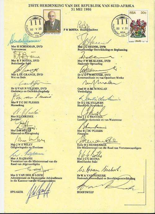 RSA 25TH ANN.OF REP.-SIGNED BY PW BOTHA AND ALL 20 MINISTERS OF HOUSE OF ASSEMBLY!!ORIGINAL!!