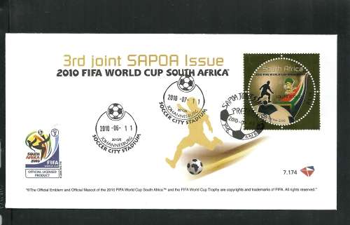 SOUTH AFRICA MNH 2010 -  "FIFA WORLD CUP SOCCER "GOLD Stamp'" FIRST DAY COVER 7.174  superb,
