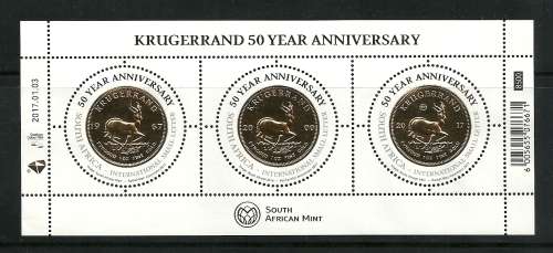 South Africa MNH "2017 50th Anniversary of KRUGER RAND " Gold plated Kruger Rand in M/Sheet superb