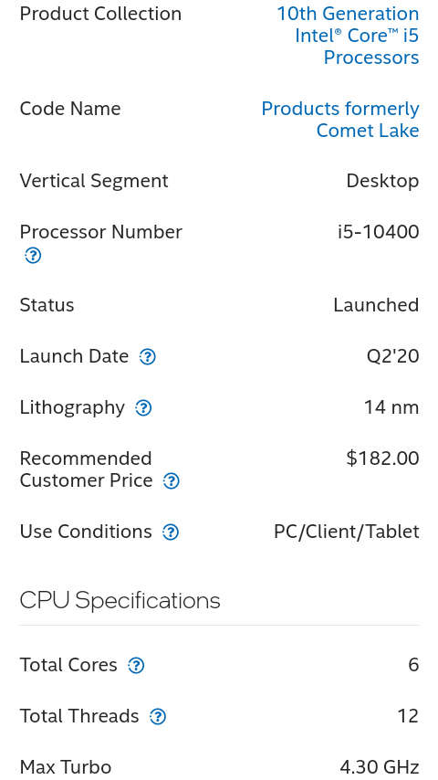 !! 10TH GEN CPU - i5 10400 / 4.3 GHZ / 6 CORES 12 THREADS !!