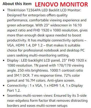 !! 23 INCH LENOVO THINKVISION MONITOR / SCREEN !!