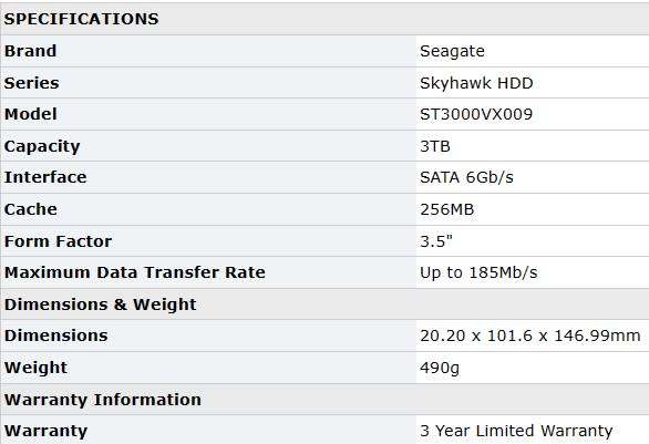 !! 3TB SEAGATE SKYHAWK SATA3 / (100% HEALTH) HARD DRIVE !!