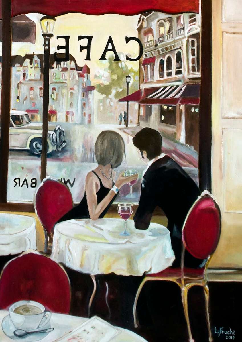 Stunning Romance Cafe (Size A2): Hand Painted Oil Painting Canvas Print