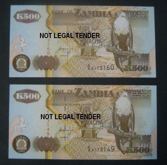 ***2 X 500 KWACHA UNCIRCULATED NOTES - BID PER NOTE TO TAKE ALL ***