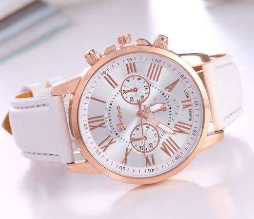 Fashion Geneva Style Women Leather Band Stainless Steel Quartz Analog Wrist Watch (White)