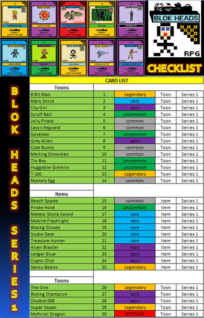 Blok Heads Series 1 NFT Check List 1/1000 Common Toon (WAX Wallet) FREE SHIPPING