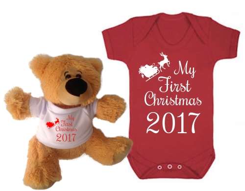 My First Christmas sleigh baby grow& teddy combo