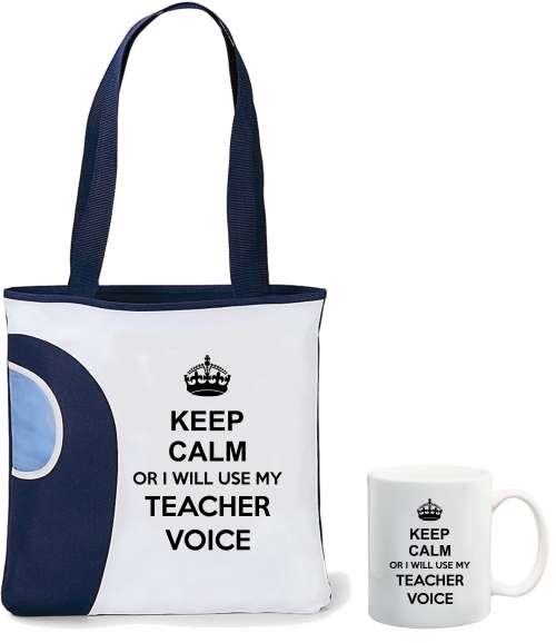 Keep calm or i will use my teacher voice mug and bag combo