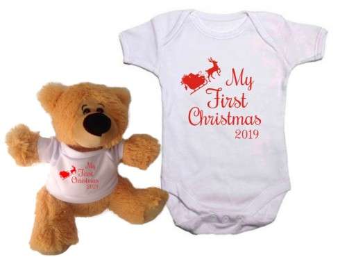 My First Christmas Reindeer sleigh 2019 baby grow & Teddy combo