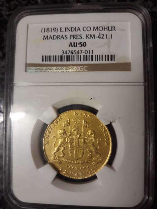 1819 Gold Mohur, NGC slabbed, Excellent condition