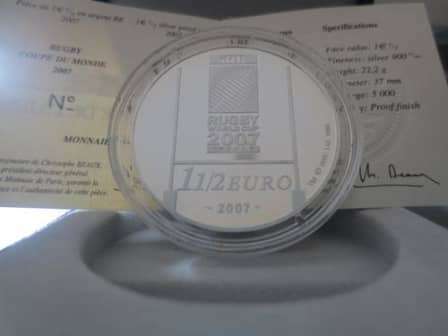 Silver 1 Oz  Proof 2007 Rugby World Cup Coin