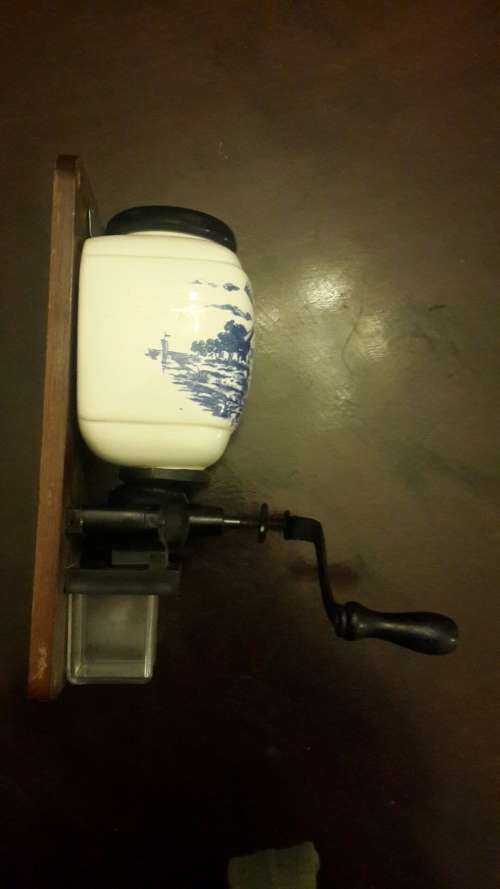 VINTAGE PORCELAIN MOUNTED COFFEE GRINDER