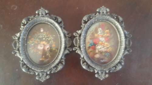 2 x VINTAGE MOD DEP ITALY MINIATURE FLOWER PAINTINGS IN STUNNING BRASS FRAMES