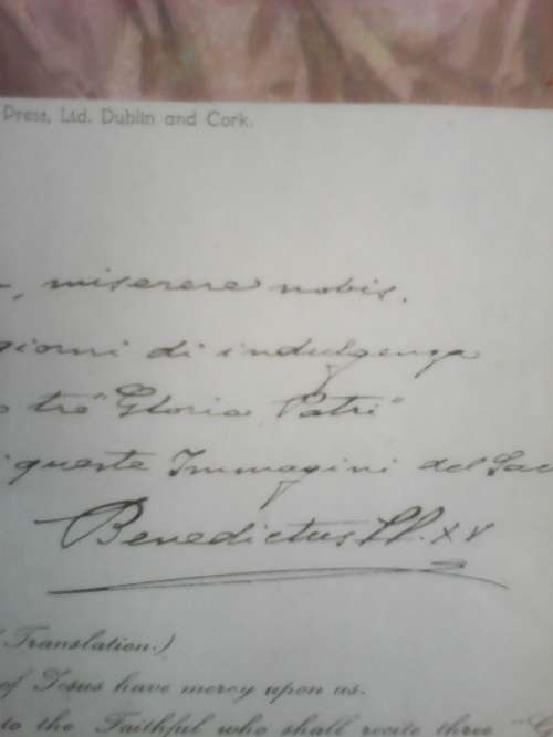 1921 PRINT BY F. GIUSTO (NO 40) WITH ORIGINAL HANDWRITTEN PRAYER AND SIGNUTURE OF POPE BENEDICT XV