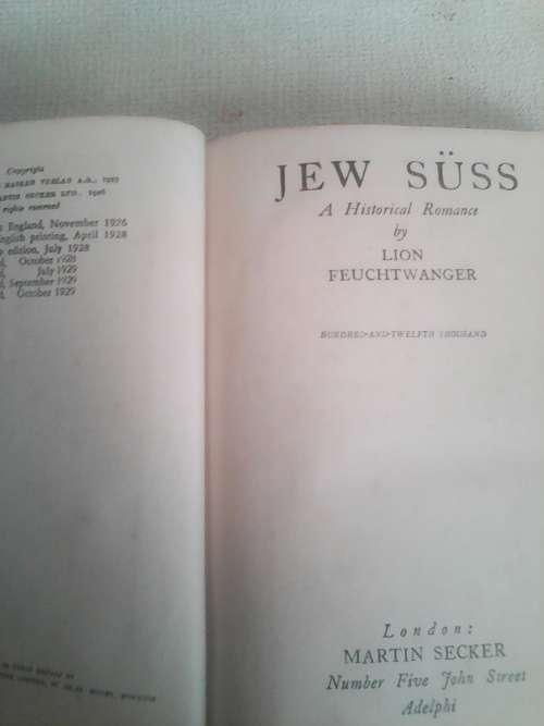 Jew Suss A Historical Romance (1929 Hardcover) Lion Feuchtwanger