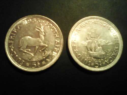 2 x South Africa 5s Silver Crowns Circa 1952 / 1953 - Sold as one lot