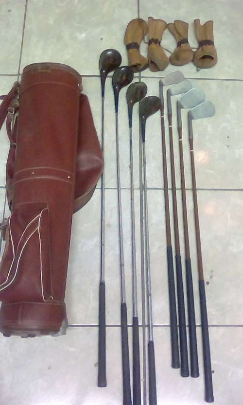 Vintage Leather Golf Bag Plus 4 Woods @ 4 Irons - Sold as one Lot