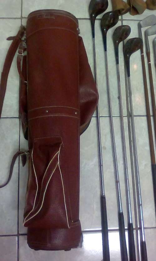 Vintage Leather Golf Bag Plus 4 Woods @ 4 Irons - Sold as one Lot