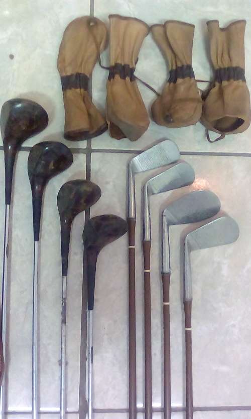 Vintage Leather Golf Bag Plus 4 Woods @ 4 Irons - Sold as one Lot