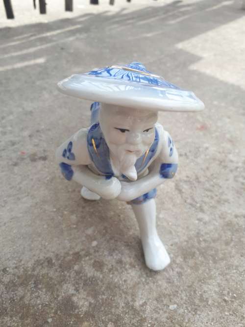 Chinese Mudmen Figurine - Old Man Dragging A Koi Fish