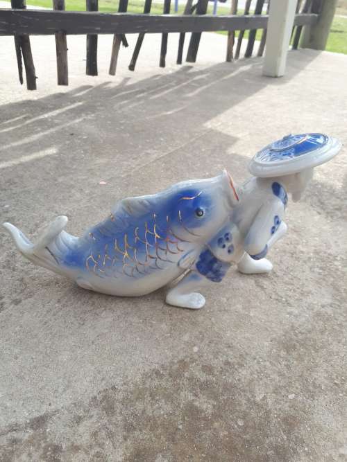 Chinese Mudmen Figurine - Old Man Dragging A Koi Fish