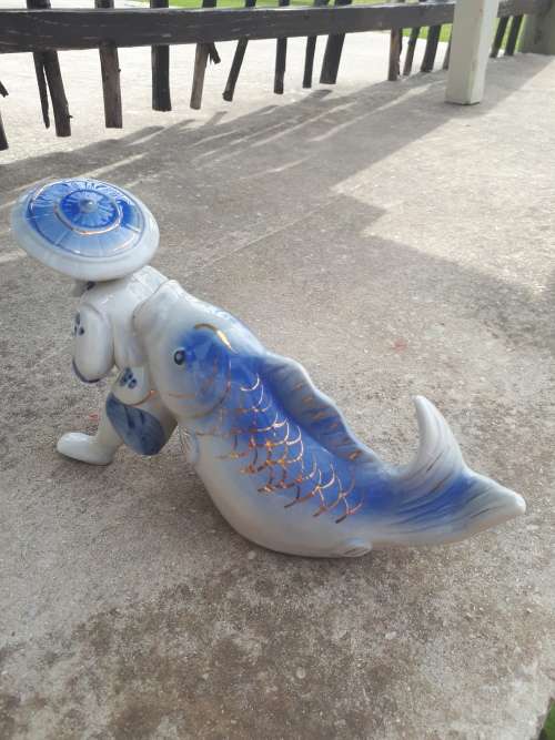 Chinese Mudmen Figurine - Old Man Dragging A Koi Fish