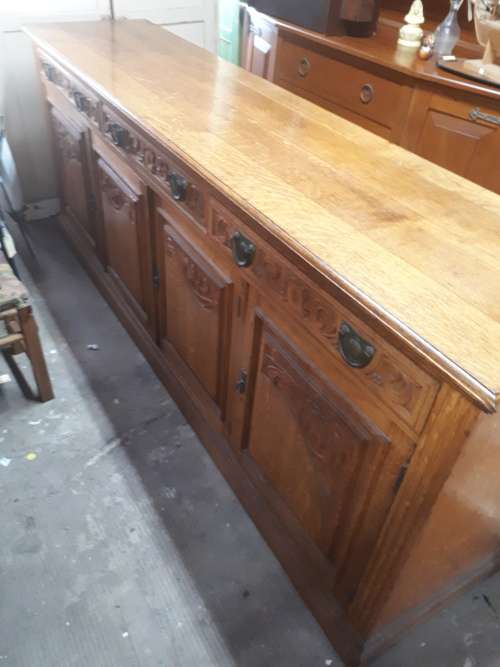 Large Late Victorian Solid Oak Hand Carved Sideboard With Original Iron Handles