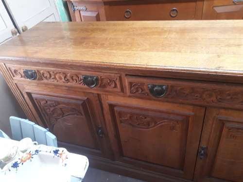 Large Late Victorian Solid Oak Hand Carved Sideboard With Original Iron Handles