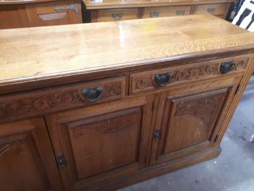 Large Late Victorian Solid Oak Hand Carved Sideboard With Original Iron Handles