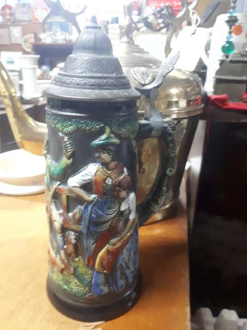 Large Vintage German Stein With Pewter Lid