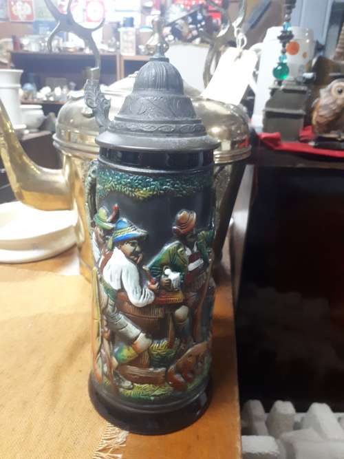 Large Vintage German Stein With Pewter Lid