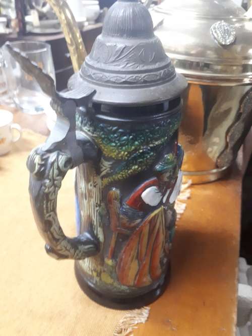 Large Vintage German Stein With Pewter Lid