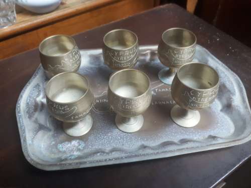 Brass Sherry Goblets On Tray Engraved With Cyprus Map