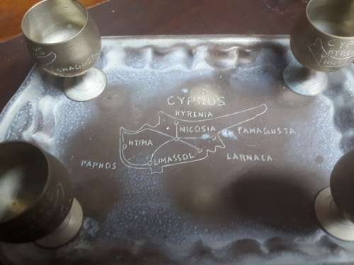 Brass Sherry Goblets On Tray Engraved With Cyprus Map