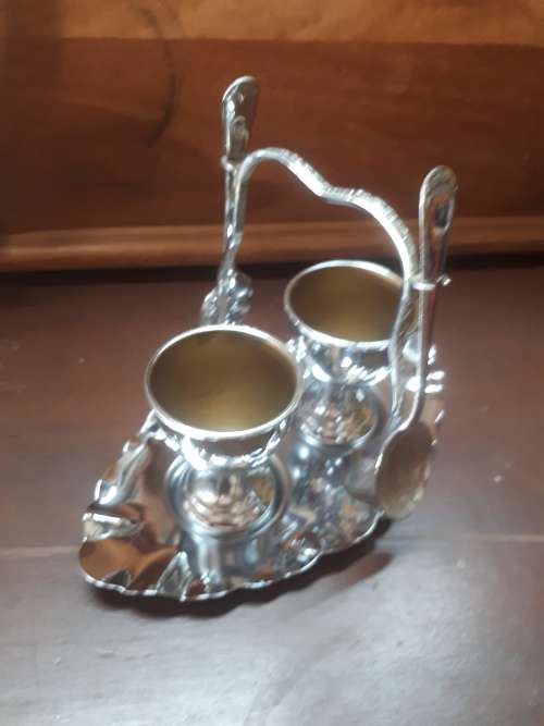 Vintage Plated Egg Coddler On Tray With Spoons