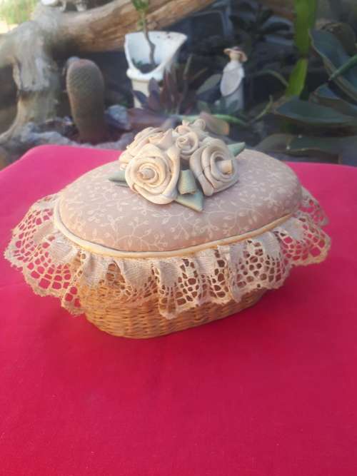 Vintage Wicker Basket Pin Cushion With Flower Motif