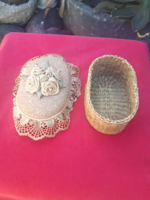 Vintage Wicker Basket Pin Cushion With Flower Motif