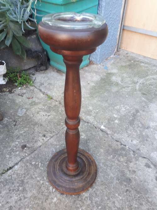 Vintage Wooden Smokers Stand With Glass Ashtray
