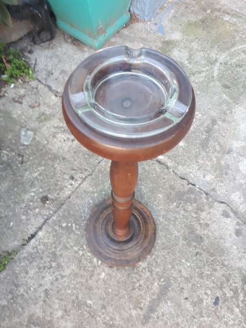 Vintage Wooden Smokers Stand With Glass Ashtray