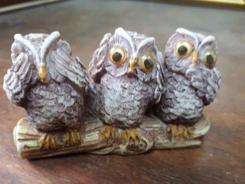 See No Evil, Hear No Evil, Speak No Evil Painted Resin Owl Ornament