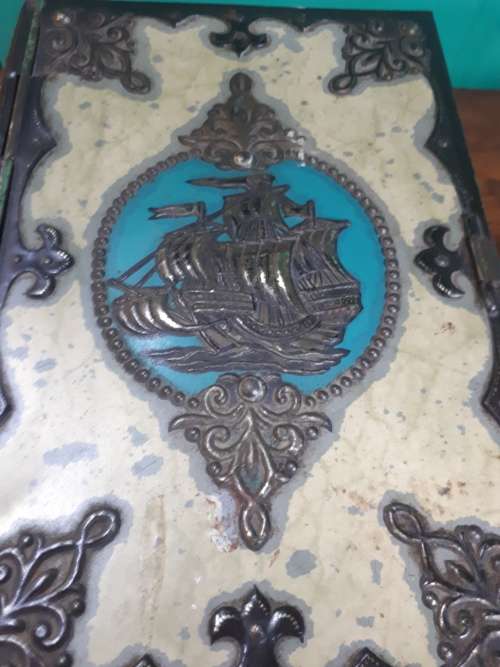 Vintage Book Shaped Tin With Man of War Theme