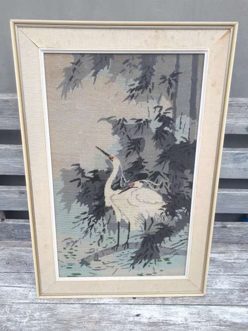 Vintage Framed Glass Covered Tapestry (Two Pelicans)