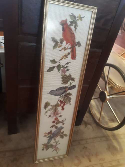 Vintage Glass Framed Tapestry (Three Birds)