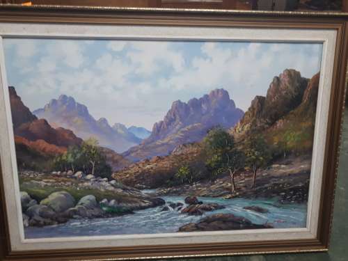 Stunning Oil On Board By Popular SA Artist Vincent Olivier (1970 - ) Mountains @ Stream