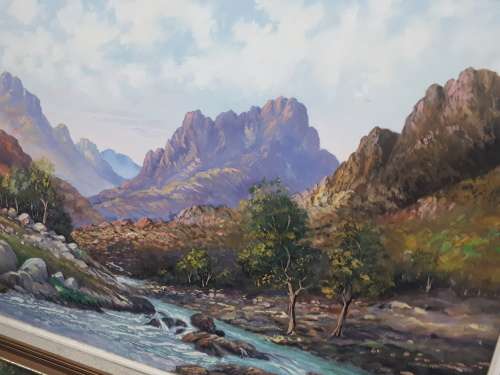 Stunning Oil On Board By Popular SA Artist Vincent Olivier (1970 - ) Mountains @ Stream